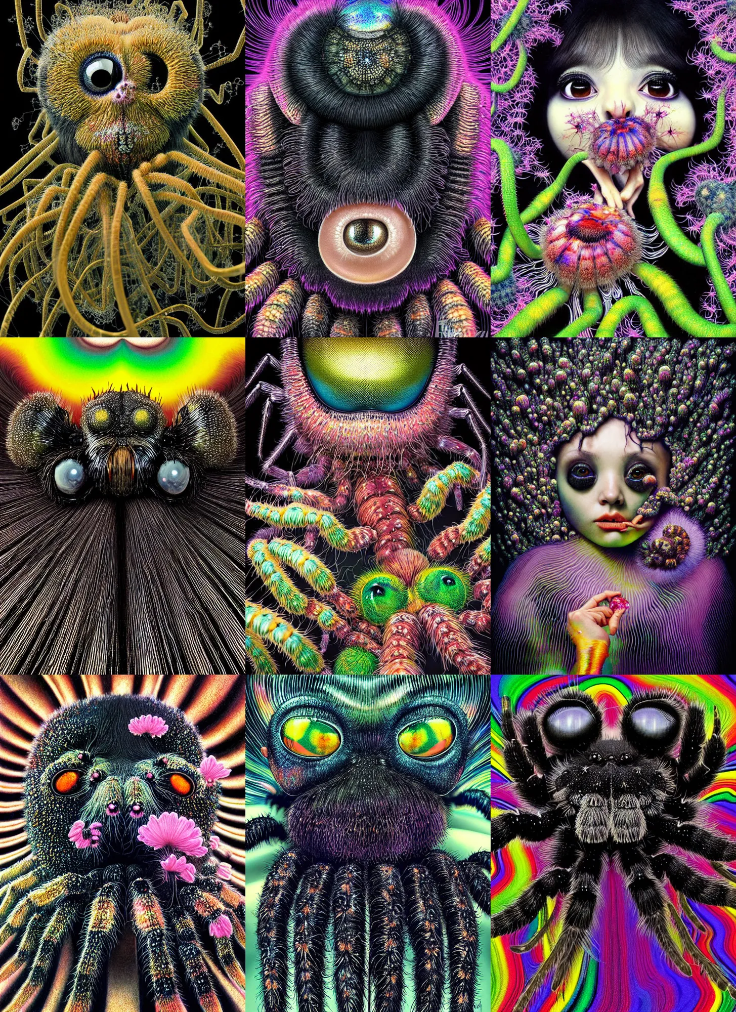 Prompt: hyper detailed 3d render like a Oil painting - kawaii portrait Aurora (a black haired tarantula headed torso eight beautiful eyes) seen Eating of the Strangling network of (charcoal and Roy Lichtenstein) and milky Fruit and Her delicate pedipalps hold of gossamer polyp blossoms bring iridescent fungal flowers whose spores black the foolish stars by Jacek Yerka, Ilya Kuvshinov, Glenn Barr, Mariusz Lewandowski, Houdini algorithmic generative render, Abstract brush strokes, Masterpiece, Edward Hopper and James Gilleard, Jeff Koons, Zdzislaw Beksinski, Mark Ryden, Wolfgang Lettl, hints of Yayoi Kasuma, octane render, 8k