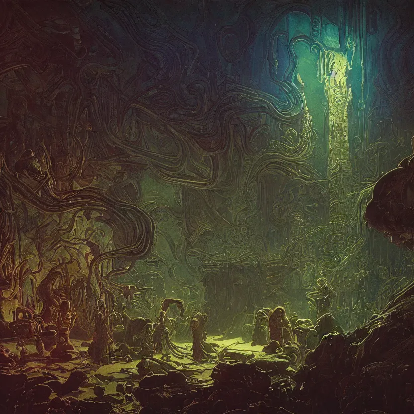 Prompt: dark baroque neoclassicist halls decorated with sci - fi colorful alien organic textures. close - view, detailed iridescent textures. glowing fog, dark black background. highly detailed fantasy science fiction painting by moebius, norman rockwell, frank frazetta, and syd mead. rich colors, high contrast