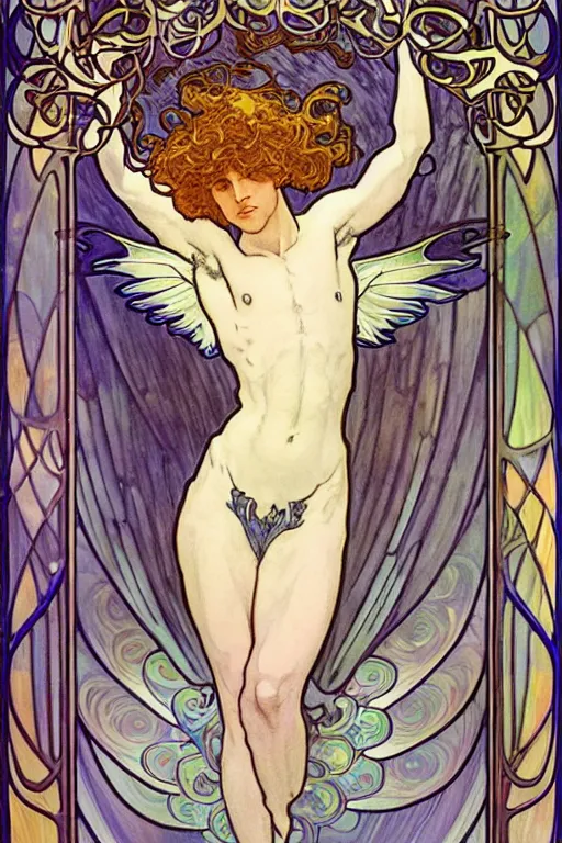 Image similar to full figure art nouveau window depicting a young fit male angel with curly blond hairs, dressed with fluent clothes, majestic wings, luminous halo, by alfons mucha, d & d character, gradient white to gold, in front of an iridescent background, highly detailed portrait, digital painting, artstation, concept art, smooth, sharp focus, illustration, artstation hq