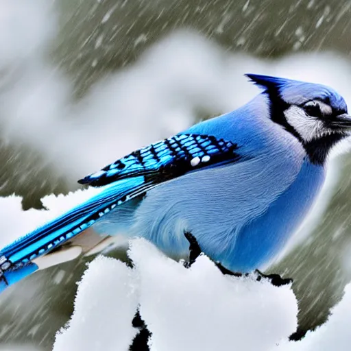 Prompt: blue jay feather covered in snow, falling, circular profile picture