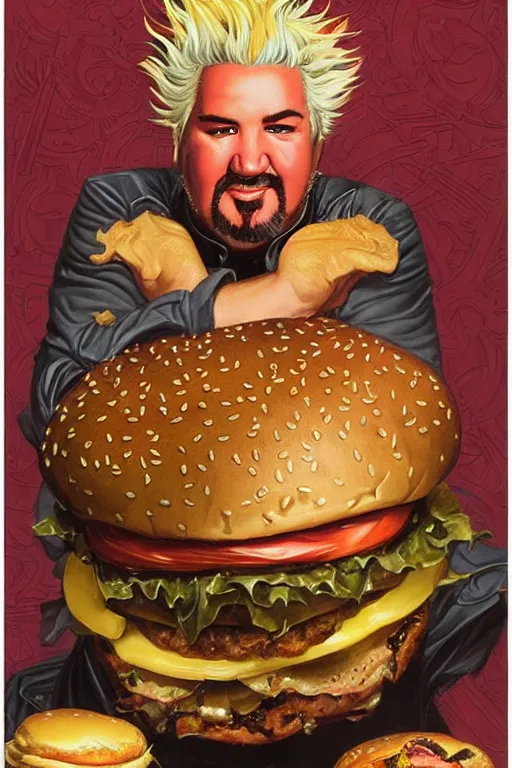 Image similar to centered beautiful detailed front view portrait of guy fieri with ornate burgers growing around, ornamentation, burgers, elegant, beautifully soft lit, by'phil hale '!!'leyendecker '!!! wayne barlowe, peter mohrbacher, kelly mckernan,