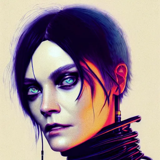 Image similar to shannyn sossamon as a cyberpunk cyber hacker, cybernetic implants, wires, cables, grunge grime, realistic shaded, fine details, realistic shaded lighting by occlusion shadow, intricate, bokeh, masterpiece, by ilya kuvshinov and jeremy lipking and quentin mabille