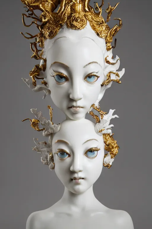 Image similar to full head and shoulders, beautiful female white, porcelain sculpture, with ornate willow china pattern, lots of ornate gold leaf 3 d japanese dragons attached to head by daniel arsham and james jean, on a white background, delicate facial features, white eyes, white lashes,