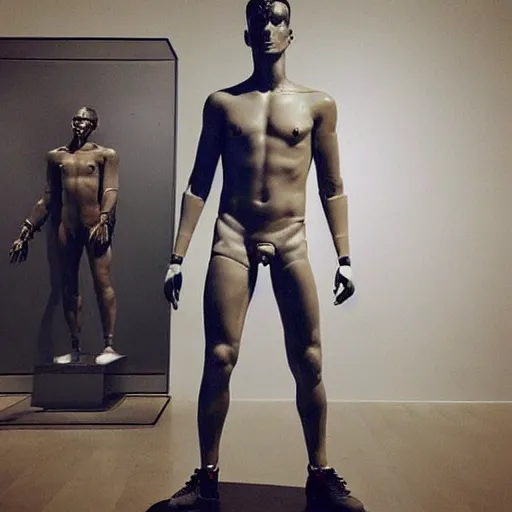 Image similar to “ a realistic detailed photo of a guy who is an attractive humanoid who is half robot and half humanoid, who is a male android, soccer player antoine griezmann, shiny skin, posing like a statue, blank stare, at the museum, on display ”