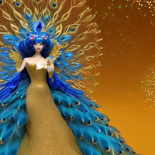 Prompt: 3 d model of an ethereal colorful blue starry fox peacock character accented in gold, wearing star filled magic imbued mage robes, wearing lots of gold jewelry and gems, set in observatory at night, art by yuji ikehata, background art by miyazaki, realism, resident evil, fully clothed, cgi, gaming