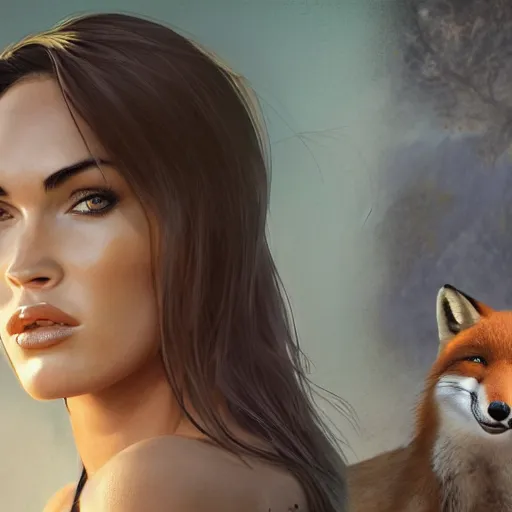 Image similar to portrait of megan fox as an anthropomorphic fox, costume, au naturel, hyper detailed, digital art, trending in artstation, cinematic lighting, studio quality, smooth render, unreal engine 5 rendered, octane rendered, art style by klimt and nixeu and ian sprigger and wlop and krenz cushart.