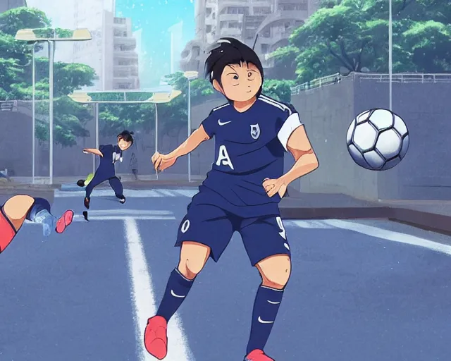 Image similar to harry kane and son heung-min playing soccer in the streets of beijing, slice of life anime, lighting, anime scenery by Makoto shinkai