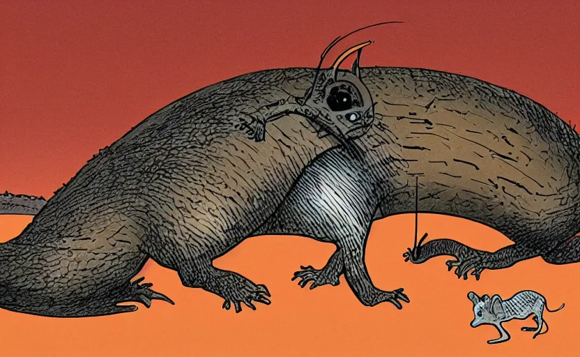 Prompt: incredible eye catching comic panel showing a desert mouse riding a sandworm of the deep desert