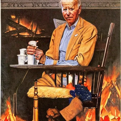 Image similar to a norman rockwell painting of the Joe Biden sitting in a chair, cozy fire, award winning,