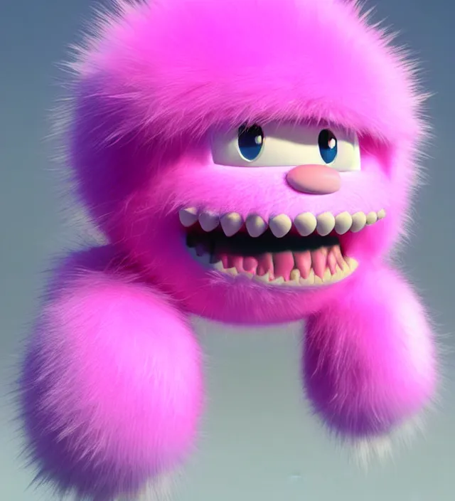 Image similar to high quality 3 d render hyperrealistic very cute big pink little spherical creature, happy, smile, plush mascot, short spiky dense fluffy smooth fur, isometric view, pink fluffy fur, 1 5 0 mm, beautiful natural soft light, rim light, smooth background, artstation, ultra detailed, elegant, ultra detailed, metallic armor, octane render