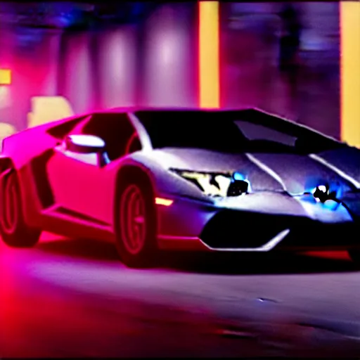 Image similar to A cinematic film still of a Lamborghini in the movie Blade Runner: 2049.