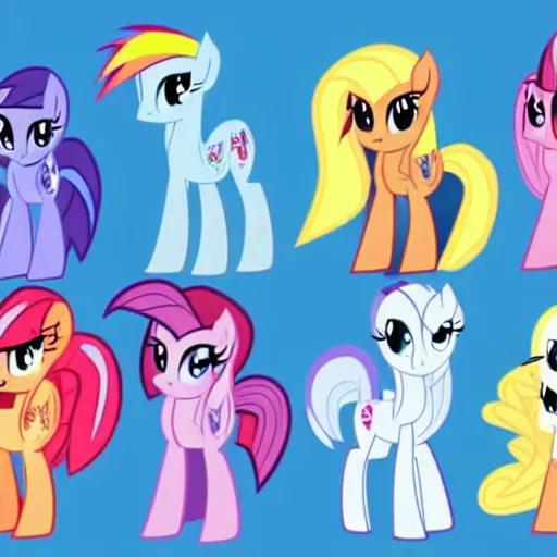 Prompt: a lineup of my little pony ocs