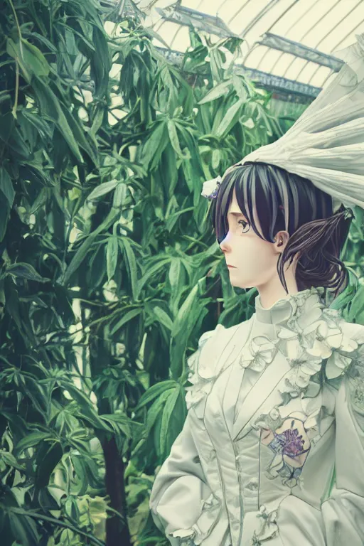 Prompt: Kodak portra 160, 8K, highly detailed, seinen manga 3/4 extreme closeup portrait, eye contact, focus on art nouveau suit, tilt shift Victorian greenhouse background: famous artist in zaha hadid anime remake, Dance scene