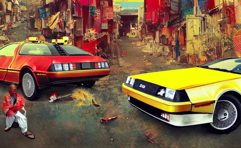 Image similar to a red and yellow delorean in ajegunle slums of lagos in nigeria, painting by hsiao - ron cheng & salvador dali, magazine collage & ukiyo - e style, masterpiece.