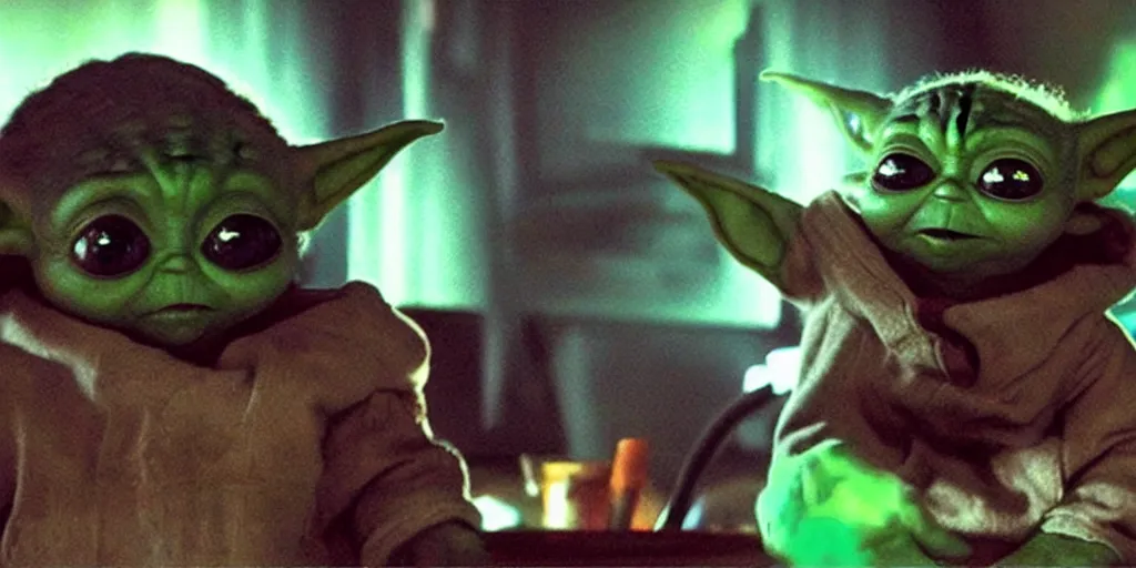 Prompt: baby yoda sings karaoke down at the local pub, rgb ambient lighting, dramatic lighting, style of mandalorian ( tv show ), rougue one ( film ), buzz lightyear ( film ), space odyssey 2 0 0 1 ( film )