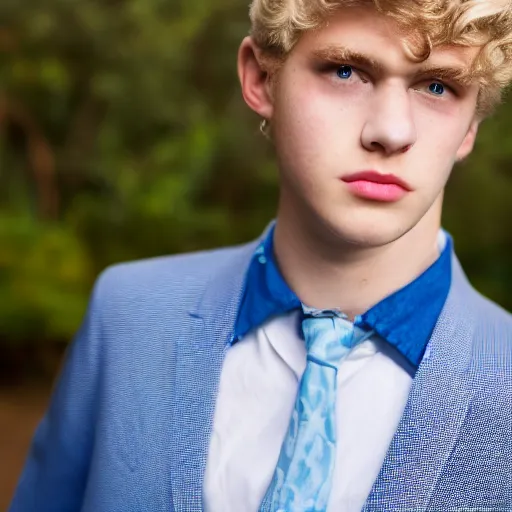 Image similar to close up of 1 8 year old man with wavy / curly light blonde hair, blue eyes, pale complexion, wearing 1 9 5 0 s clothing, 8 5 mm f / 1. 4