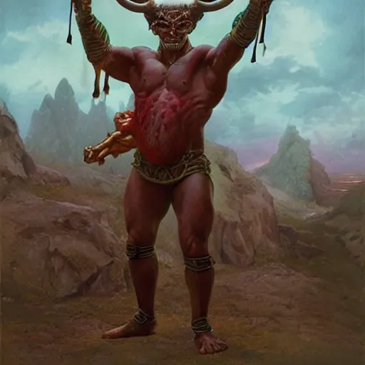 Image similar to horned humanoid with huge veined muscular arms wearing coloured medieval costume, fluid, smooth, organic, crazy, high contrast, sharpness, dramatic, by greg rutkowski and siudmak and richard corben and moebius