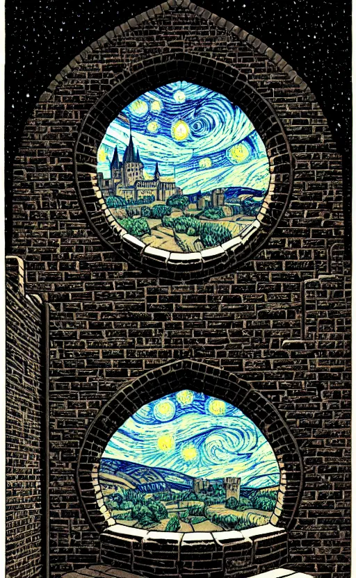 Image similar to stone brick wall inside of a castle, round window looking out to the starry night sky laboratory, high details, intricately detailed, by vincent di fate, inking, 3 color screen print, masterpiece, trending on artstation,, sharp, details, hyper - detailed, hd, 4 k, 8 k