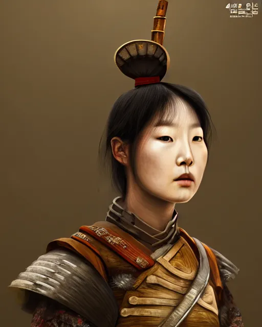 Image similar to a portrait of a female korean warrior, rustic and weathered, retro. trending on artstation, ambient lighting, 4k render, ultra hd, behance art