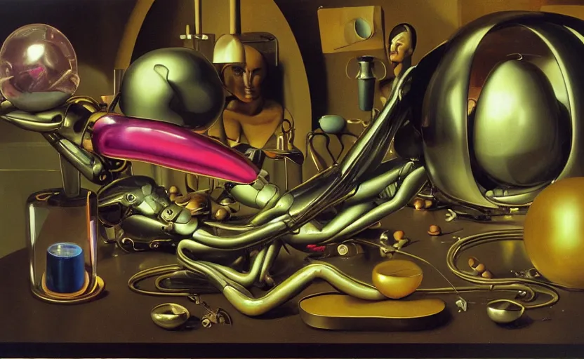 Image similar to strange curvy seductive futuristic robot body, enticing colorful oil painting dutch golden age vanitas eros still life sparse composition with bulbous objects strange gooey transparent surfaces shiny metal reflections bizarre mutant meat insects rachel ruysch dali todd schorr very detailed perfect composition rule of thirds masterpiece canon 5 0 mm, cinematic lighting, photography, retro, film, kodachrome