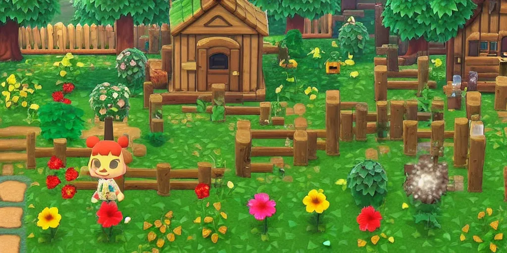 Image similar to miniature garden, cottagecore, animal crossing, stardew valley, moss, plants, cute, friendly