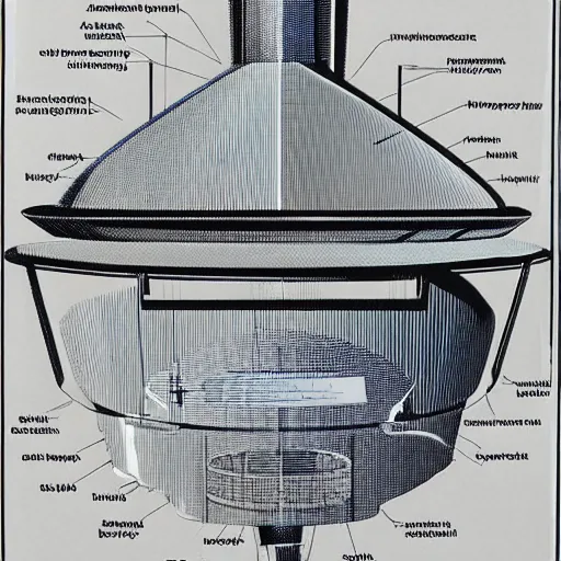 Prompt: a highly detailed technical schematic, blue - print, of a ufo propulsion system