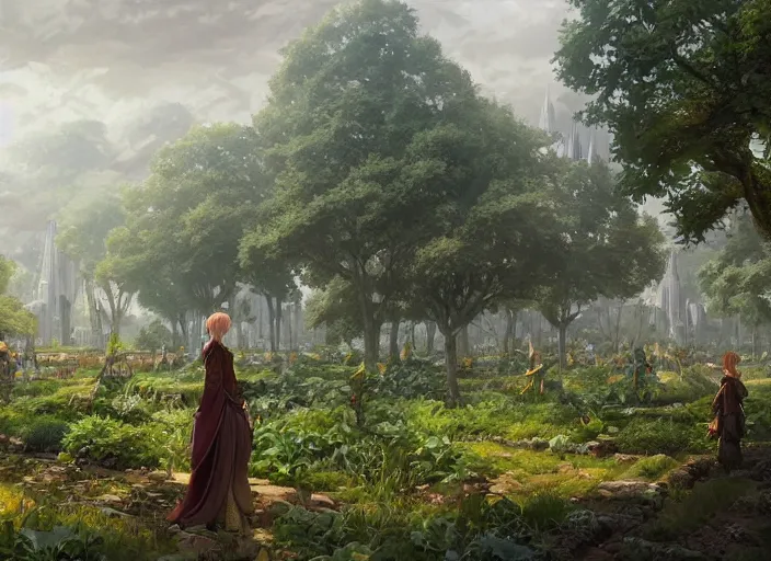 Image similar to Lush vegetable farms outside a beautiful elven city made of white marble, anime, lush trees, a fantasy digital painting by Greg Rutkowski and James Gurney, trending on Artstation, highly detailed