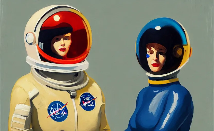 Image similar to Portrait of a woman astronaut with helmet and latex suit, very coherent, painted by Edward Hopper, painted by James Gilleard, airbrush, art by JamesJean