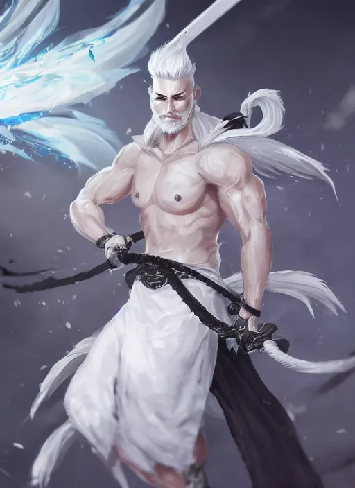 Image similar to a highly detailed illustration of fierce white haired parted through the middle young attractive asian man, wearing hakama, with black sclera eyes, heroically battle posing, intricate, elegant, highly detailed, centered, digital painting, artstation, concept art, smooth, sharp focus, league of legends concept art, WLOP