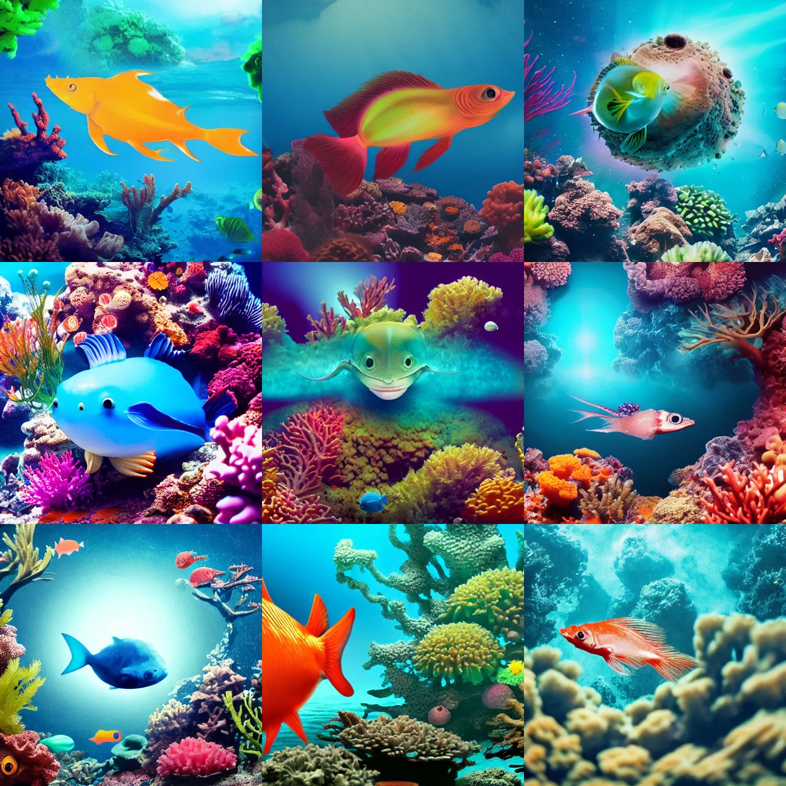 Prompt: photo of an extremely cute alien fish swimming an alien habitable underwater planet, coral reefs, dream - like atmosphere, water, plants, peaceful, serenity, calm ocean, tansparent water, reefs, fish, coral, inner peace, awareness, silence, nature, evolution