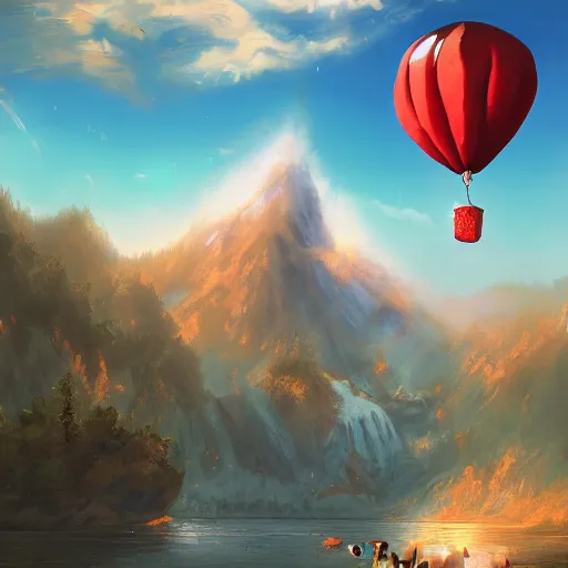 Image similar to a giant cake hanging below birthday balloons and floating above a beautiful stunning landscape. digital art, artstation cgsociety masterpiece