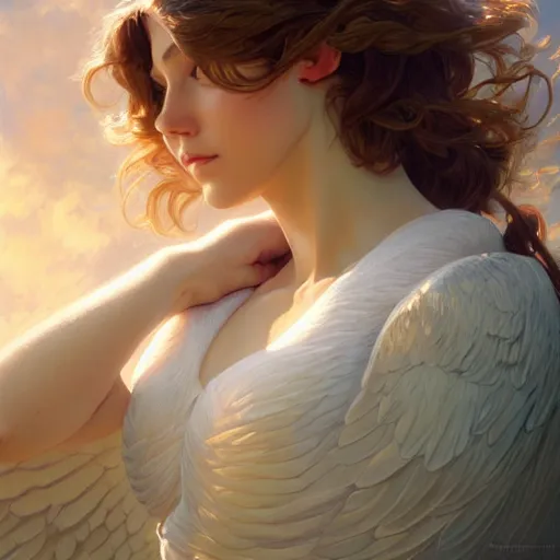 Image similar to wide angle full body portrait of an angel with a perfect face and perfect body, intricate, highly detailed, digital painting, artstation, concept art, smooth, sharp focus, illustration, Unreal Engine 5, 8K, art by artgerm and greg rutkowski and alphonse mucha