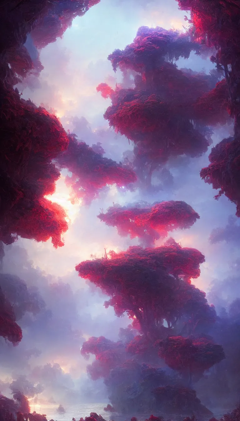 Prompt: luscious fibrous world made of mystical magical energy colorized as blue, red, and purple, illustrated by Greg Rutkowski and Gaston Bussiere, loquacious lighting, volumetric lighting, beautiful photography, landscape imagery, Trending on artstation, 4k, 8k.