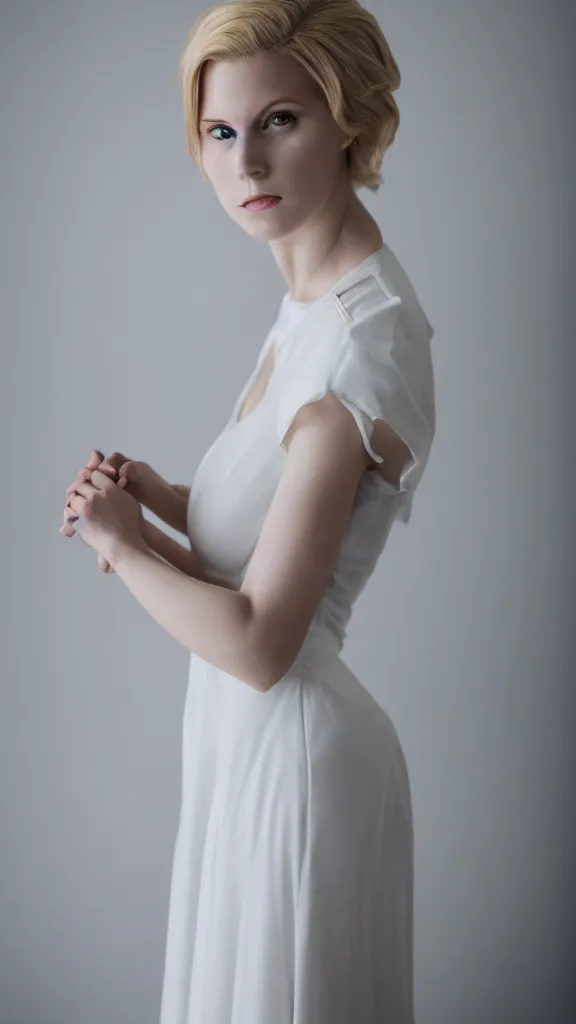 Image similar to photo of gorgeous tall emily skinner cosplaying annie leonhart wearing elegant white dress in a white room, beautiful face, pale skin, rule of thirds, cinematic lighting, rainy weather, melancholy atmosphere, sharp focus, backlit, stunning, smooth, hard focus, full body shot, studio photo, shot on sony a 7 iii, hyper realistic,