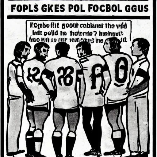 Prompt: group of men asking people to join a football match, comic vignette, 1 9 7 0 newspaper