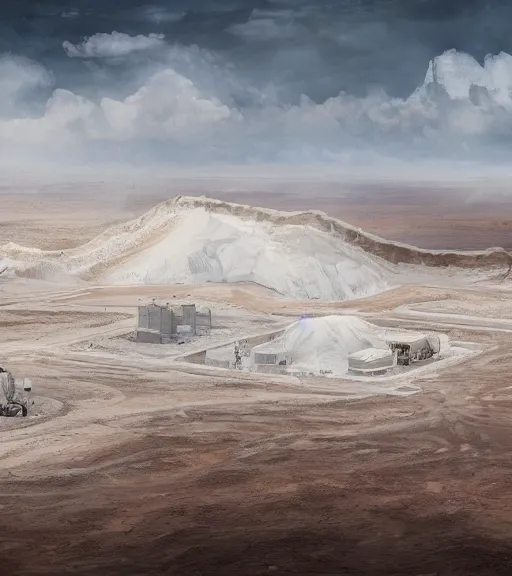 Prompt: a matte painting of a white biroremediation architecture in the mining tailings in the desert, prairie, cottage town, foggy, patchy flowers, oil painting, pale colors, high detail, 8 k, wide angle, trending on artstation, behance