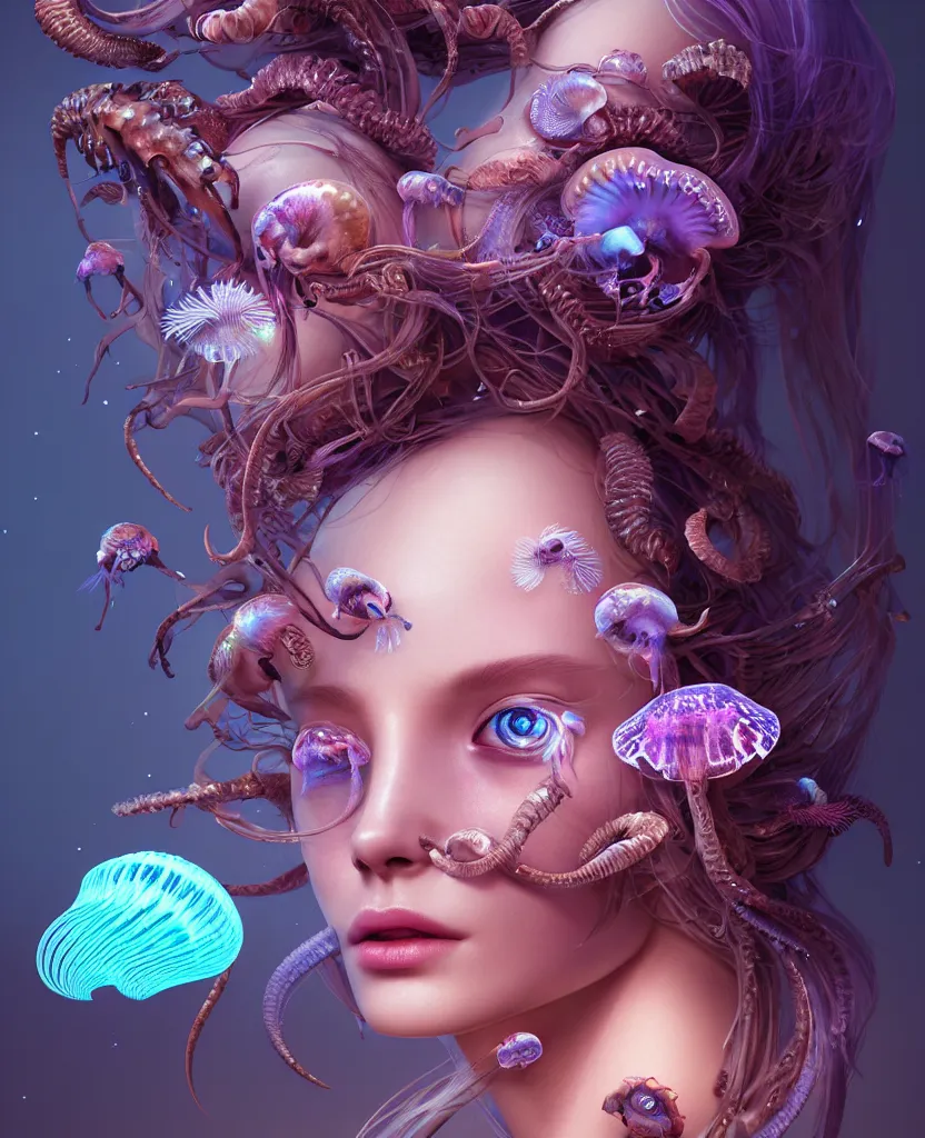 Image similar to goddess princess beautiful woman face close-up portrait ram skull. jellyfish phoenix head, nautilus, orchid, skull, betta fish, bioluminiscent creatures, intricate artwork by Tooth Wu and wlop and beeple. octane render, trending on artstation, greg rutkowski very coherent symmetrical artwork. cinematic, hyper realism, high detail, octane render, 8k