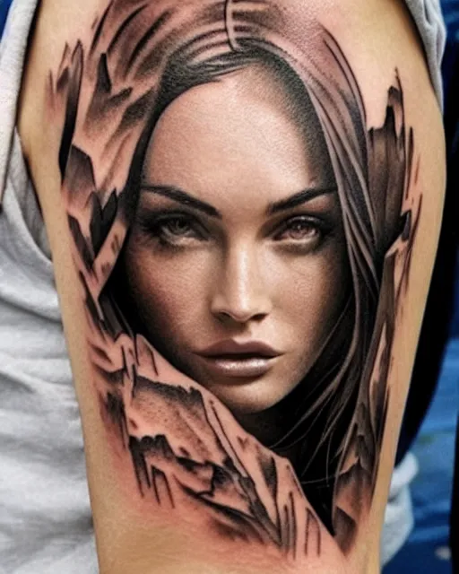 Image similar to creative double exposure effect tattoo design sketch of megan fox with beautiful mountains, realism tattoo, in the style of andrey lukovnikov, amazing detail, sharp