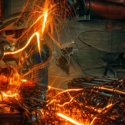 Image similar to oversized mokey wrench, tangles of metallic cables, dark messy smoke - filled cluttered workshop, dark, dramatic lighting, orange tint, sparks, plasma charges, cinematic, highly detailed, sci - fi, futuristic, movie still