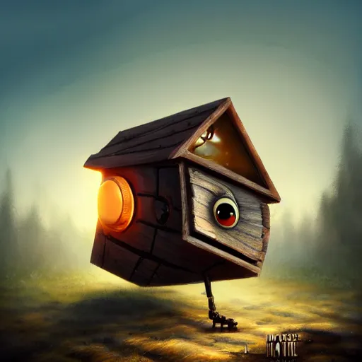 Image similar to a walking wood and metal house with two legs and one big eye, rust, hyperrealistic, highly detailed, cinematic, single ray of sun, morning, pareidolia, gravity falls style, disney, beautiful, cgssociety, artstation, 8 k, oil painting, digital art