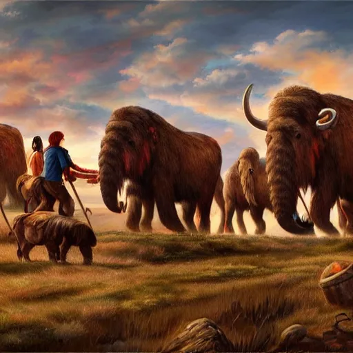 Prompt: painting of native americans and a herd of mammoths, artstation, vibrant, colorful, ultra detailed
