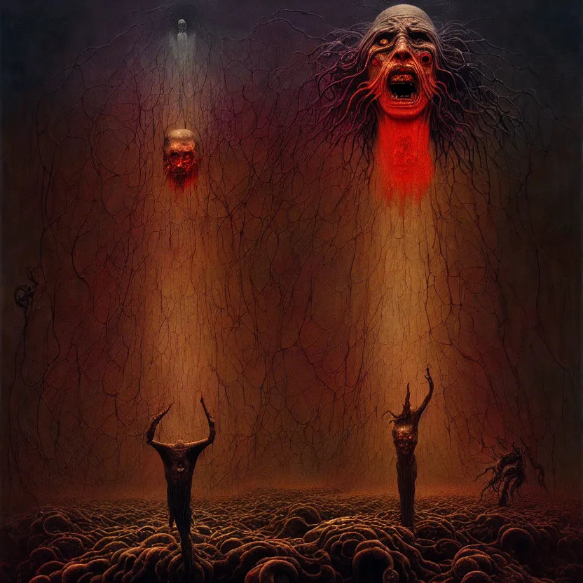 Image similar to a bizarre nightmare, cosmic horror, by zdzisław beksinski and greg rutkowski and esao andrews and salvador dali, oil on canvas, mixed media, abstract, artstation, surreal, hell, horror, dark, intricate textures