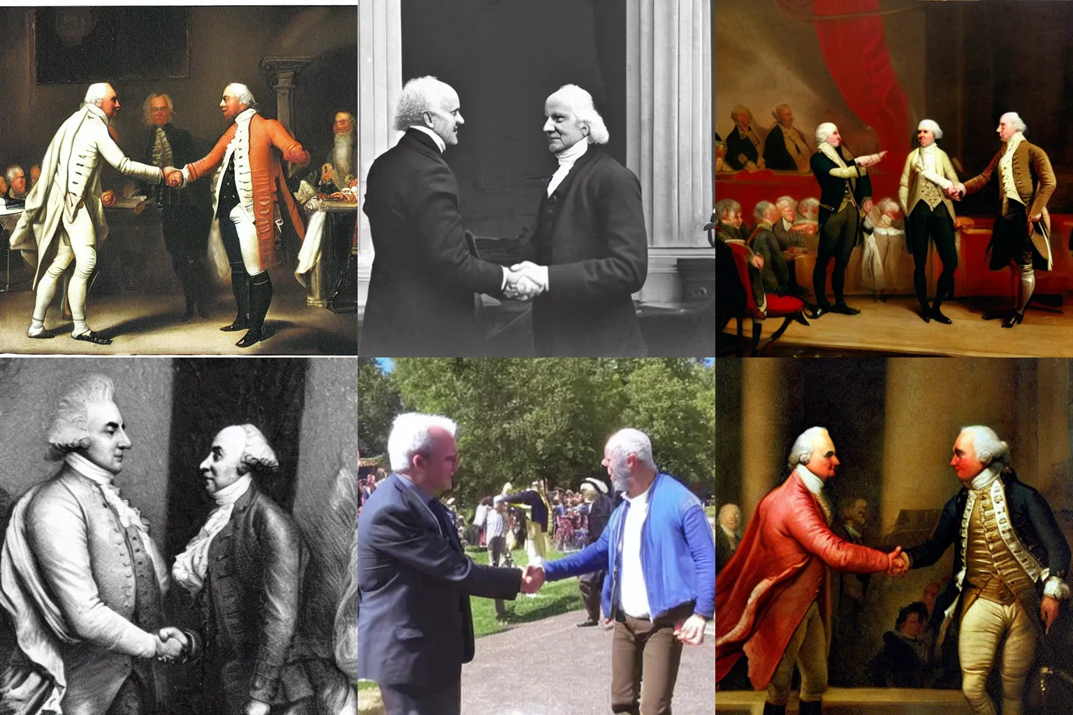Prompt: Aris Bakhtanians shaking hands with John Adams