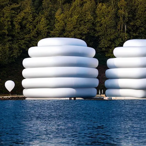 Prompt: many white balloons are stacked together to form a building on the calm water, designed by antti lovag