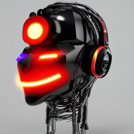 Prompt: a glossy claymodel of a cyberpunk aztec futurism robot head with glowing headphones, 8 k, symetrical, flourescent colors, halluzinogenic, multicolored, very detailed, black background, 3 d render,