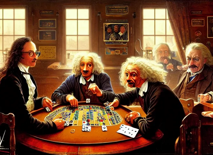 Image similar to isaac newton and stephen hawkins and albert einstein playing poker in an old west saloon, intricate, highly detailed, centered, digital painting, artstation, concept art, smooth, sharp focus, illustration, art by james gurney and norman rockwell and greg rutkowski