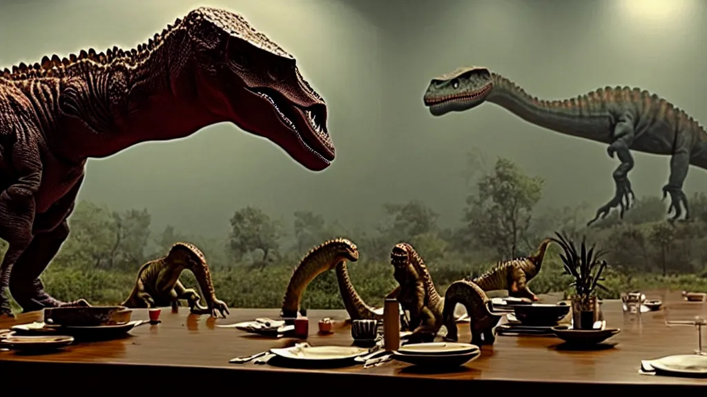 Image similar to the strange dinosaur sits at a table, film still from the movie directed by Denis Villeneuve with art direction by Salvador Dalí, long lens