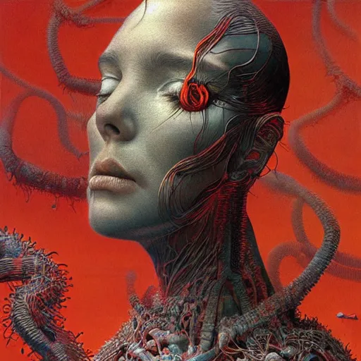 Image similar to portrait of girl melting with machine by wayne barlowe and zdislaw beksinski