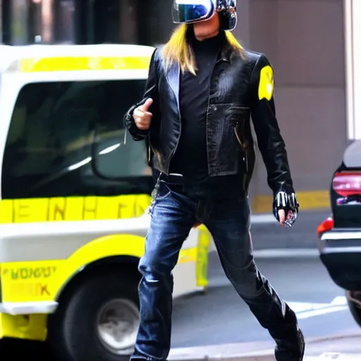 Image similar to kid rock wearing a daft punk helmet running after an ambulance in downtown new york city