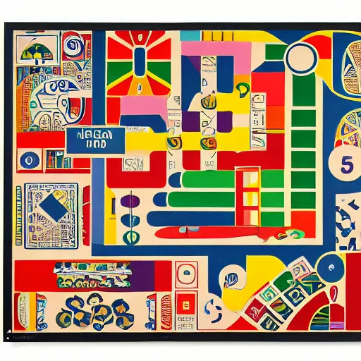 Prompt: large scale, retro, intricately detailed children's board game, with lots of text and icons, colorful and curvy, by massimo vignelli, sonia delaunay, and chris ware